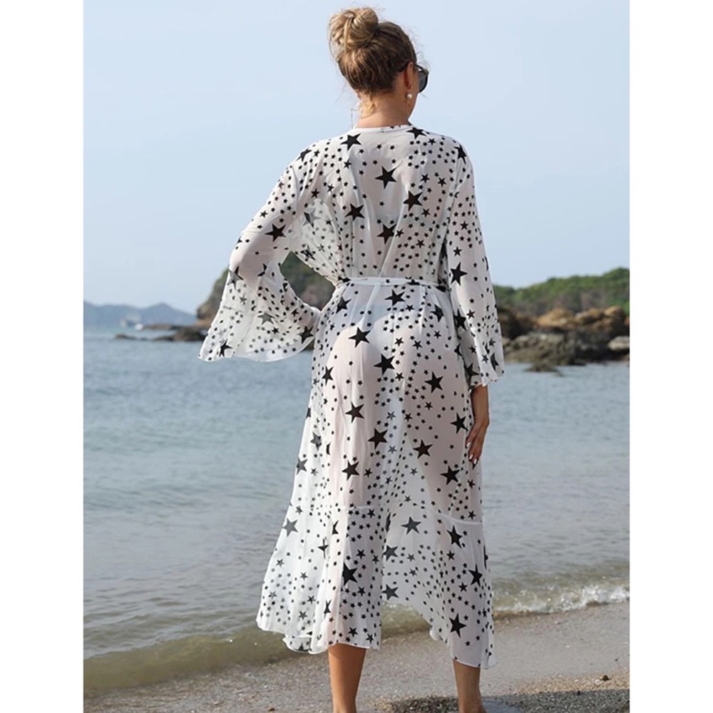 Boho White Chiffon with Black Stars Kimono Duster Beach Coverup - Picture 4 of 16